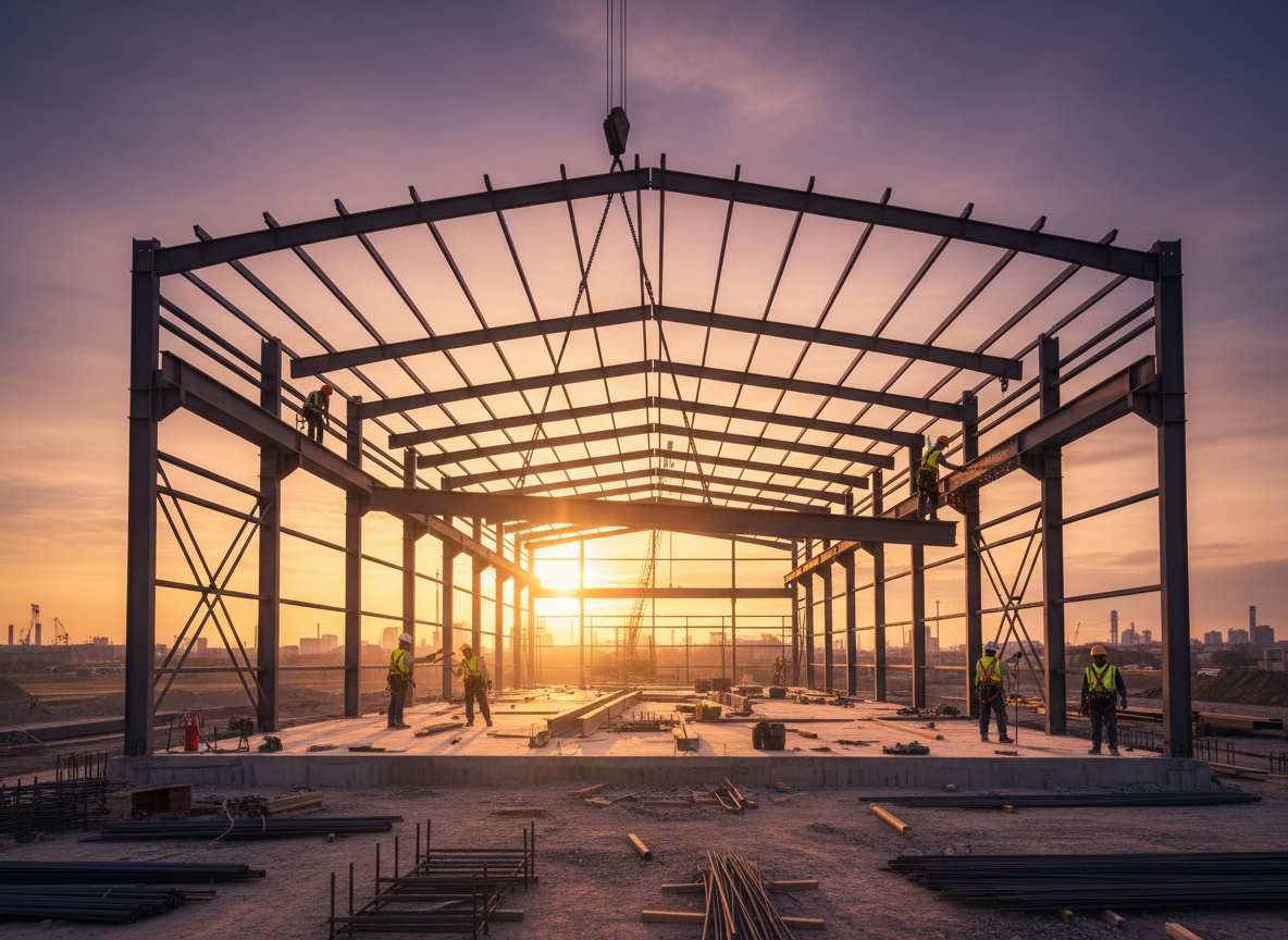 Professional photo of steel structure assembly on a construction site, workers mounting metal beams and framework, industrial building in progress, dramatic wide angle shot, golden hour lighting